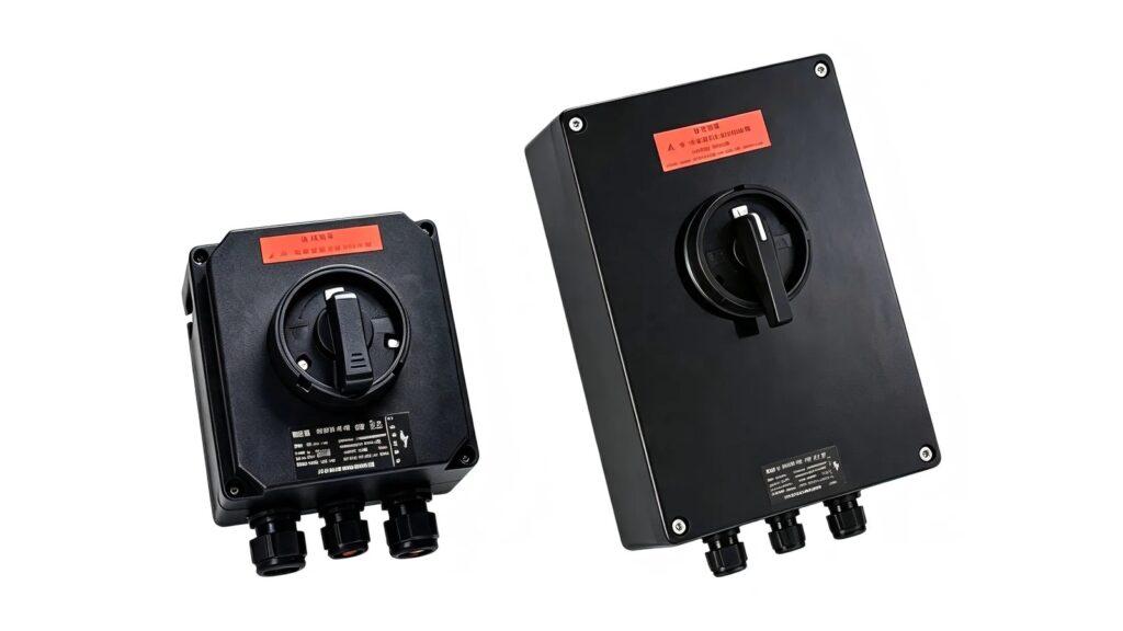 Ex db vs Ex eb: How to Select Enclosures and Control Equipment Two enclosed industrial isolating switches used to illustrate hazardous-area equipment selection