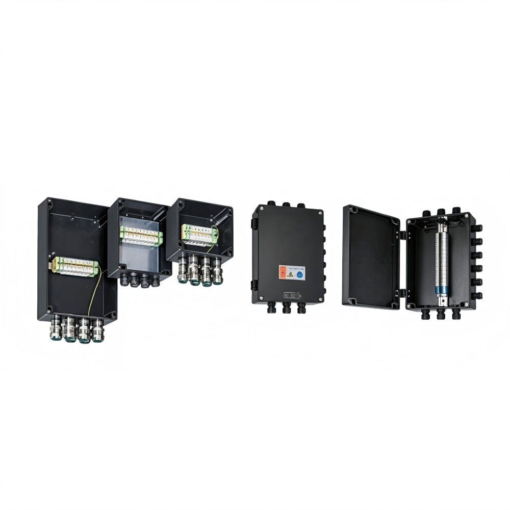 Industrial junction boxes showing cable-entry and terminal arrangements