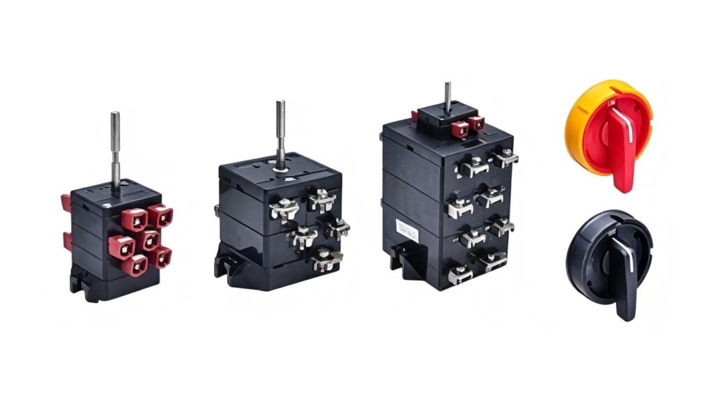 MMAIATEX Adds Three New English Guides on EPL, Temperature and Ex Lighting Industrial isolating-switch contact blocks and operating handles on a white background