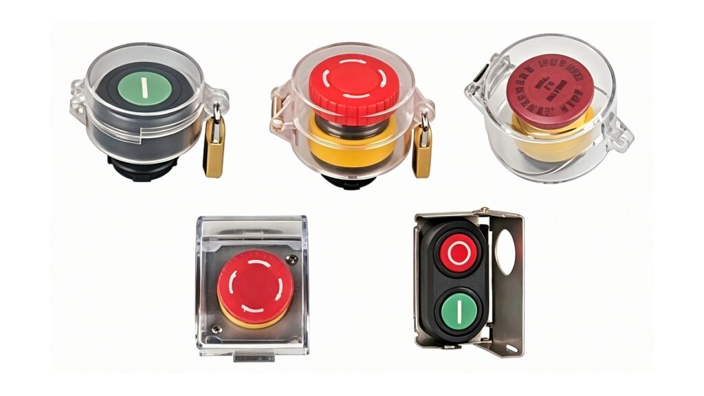 Real MMAIATEX push button and protective cover product samples for the English buyer education series