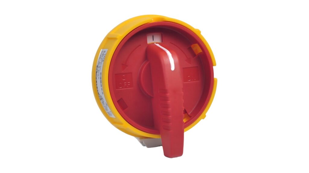 Real industrial isolating switch with product identification label for Ex marking review