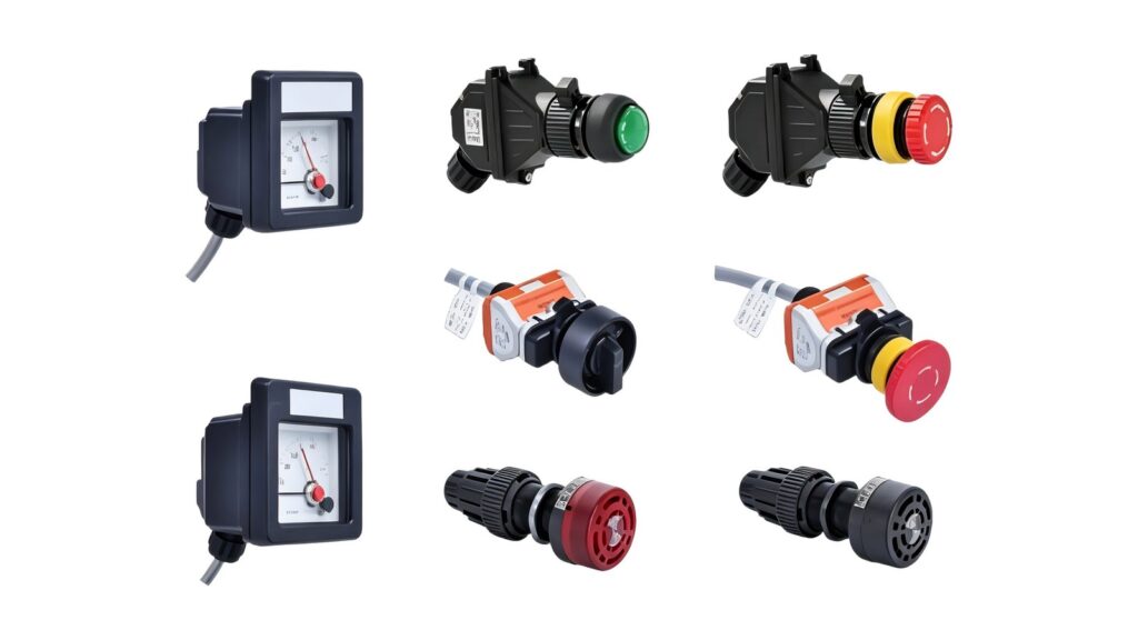 Assorted panel-mount industrial control devices photographed on a white background