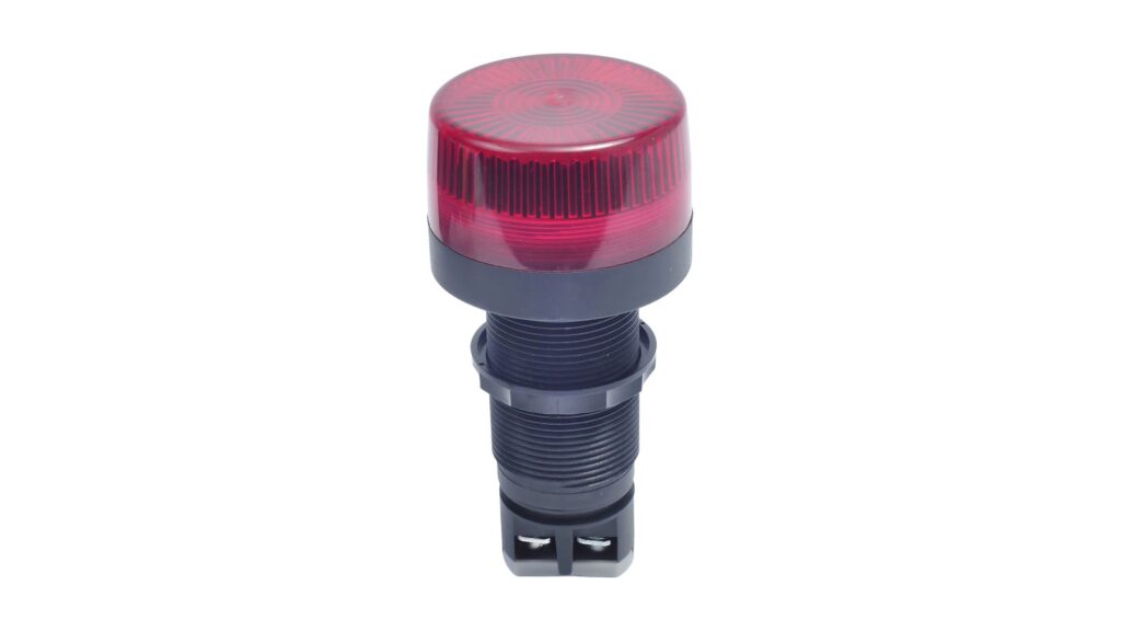 ATEX EN IEC 60079-28:2026 Update for Equipment Buyers Red panel-mount signal beacon with a ribbed translucent lens on a white background