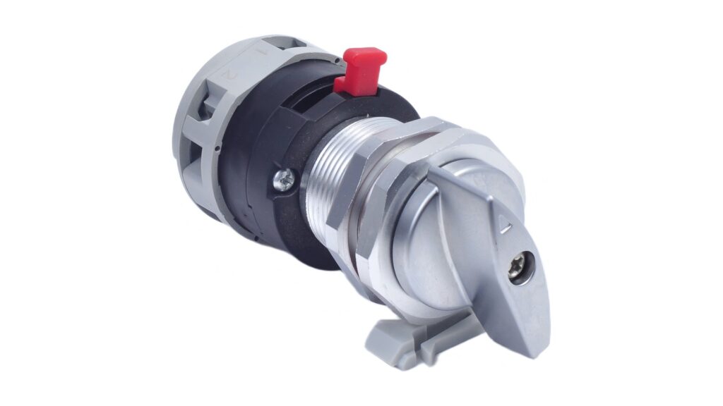 EU Cyber Resilience Act Reporting for Industrial Equipment Silver rotary selector-switch assembly photographed at an angle on a white background