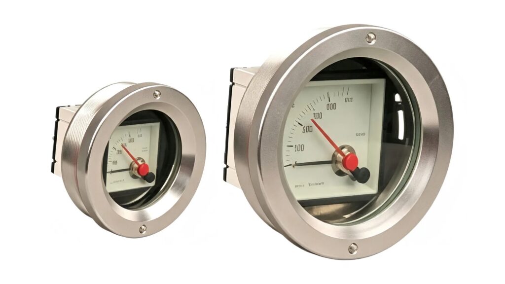Two round stainless steel industrial instrument viewing assemblies photographed on a white background