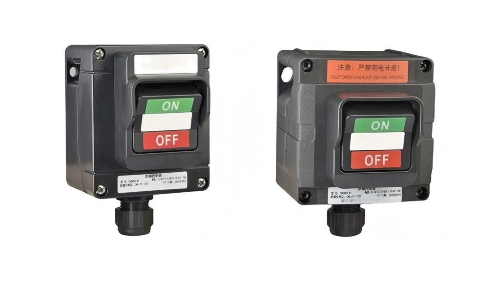 Two enclosed ON and OFF operating devices photographed on a white background