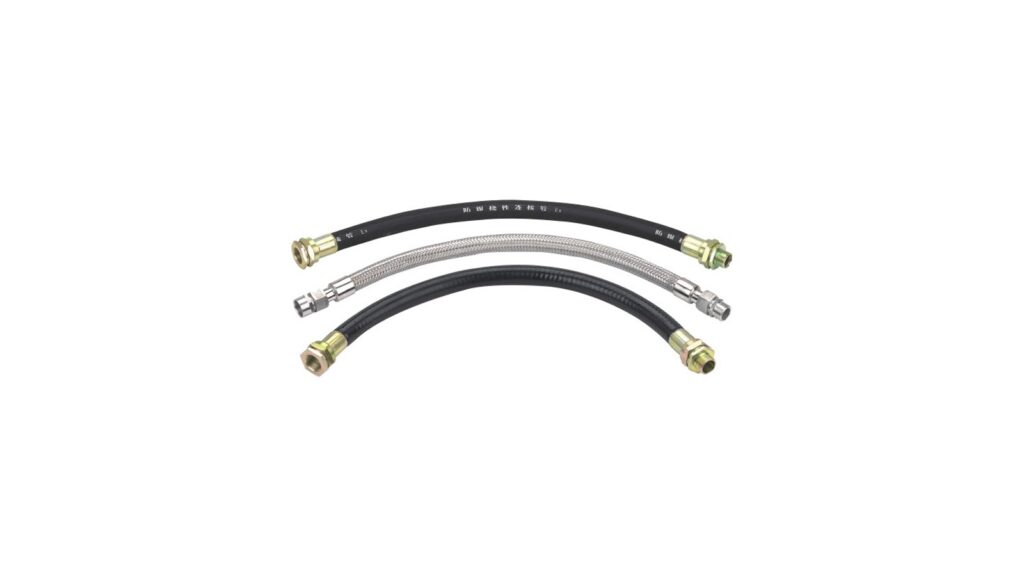 How to Select Explosion-Proof Flexible Conduit: 12 FAQs Three flexible conduit assemblies with threaded metal end fittings on a white background