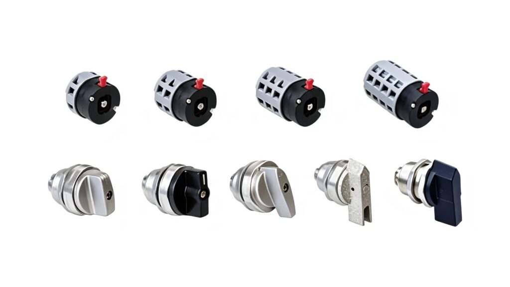 Explosion-Proof Isolating Switch: 12 Buyer FAQs Rotary switch contact assemblies and panel operator handles arranged on a white background