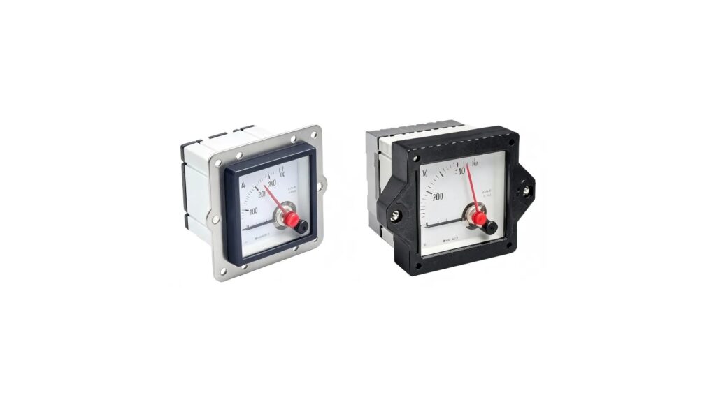 Explosion-Proof Panel Meter: 12 Buyer FAQs Two square analogue panel meters with metal and black mounting frames on a white background