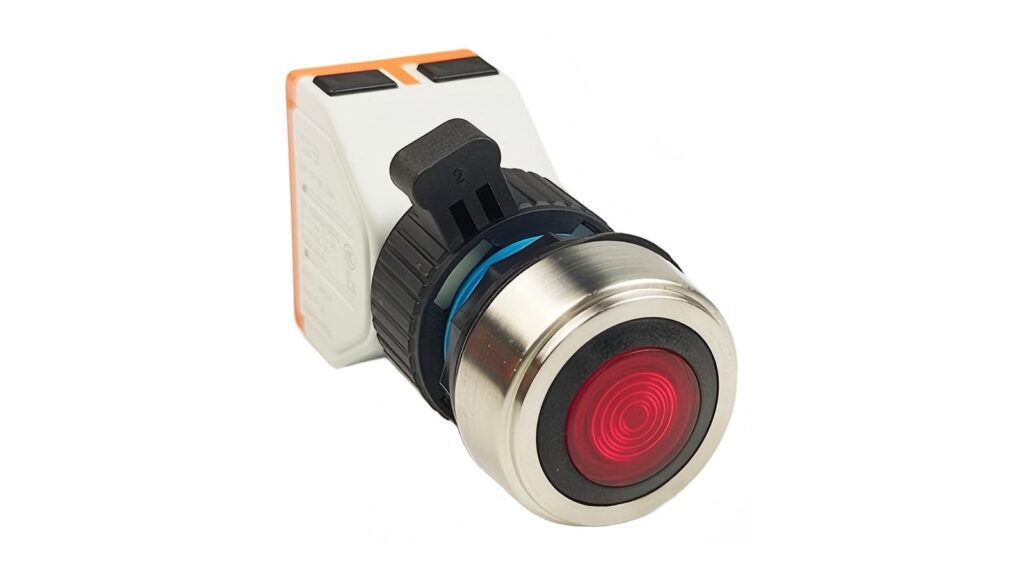 Red illuminated panel-mount control head photographed on a white background