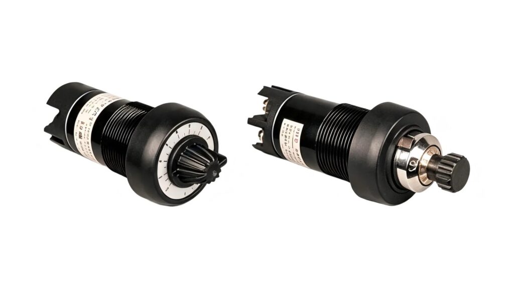 How to Select an Explosion-Proof Potentiometer: 12 FAQs Two black panel-mount potentiometer assemblies with rotary adjustment heads on a white background