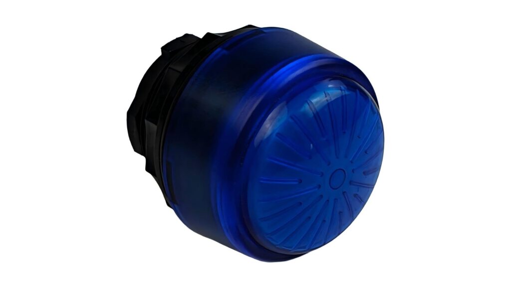 Blue panel-mount signal lamp photographed at a three-quarter angle on a white background