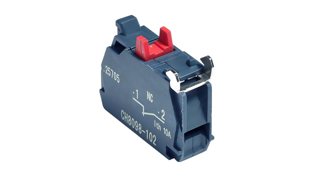 Panel-mount signal and contact module photographed on a white background; terminal blocks are not shown