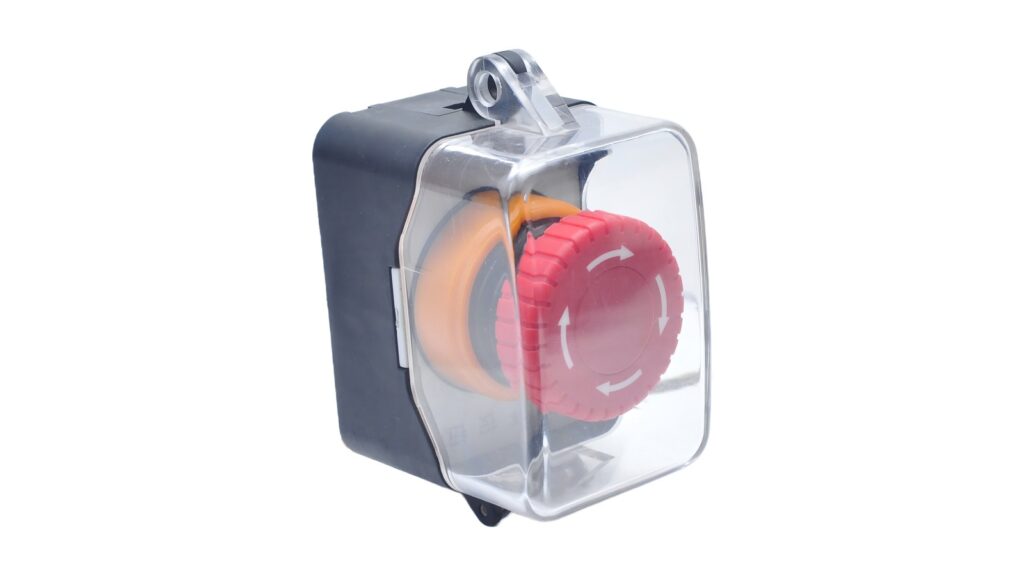 Explosion-Proof Emergency Stop Button: 12 Buyer FAQs Red mushroom-head control operator under a transparent protective cover on a white background