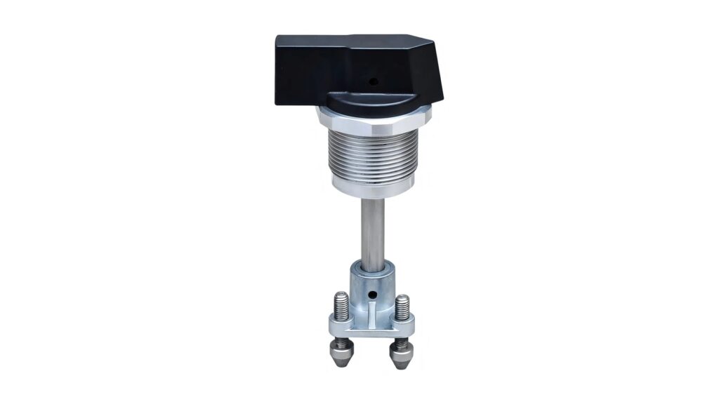 Industrial rotary operating mechanism with a threaded metal body photographed on a white background
