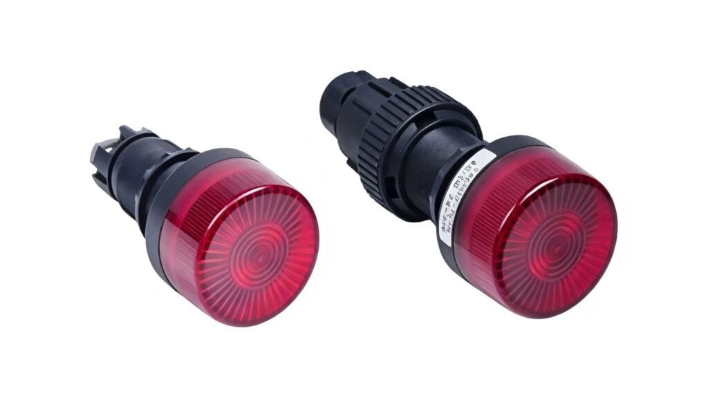 Two red-lens panel-mount signal lights photographed on a white background