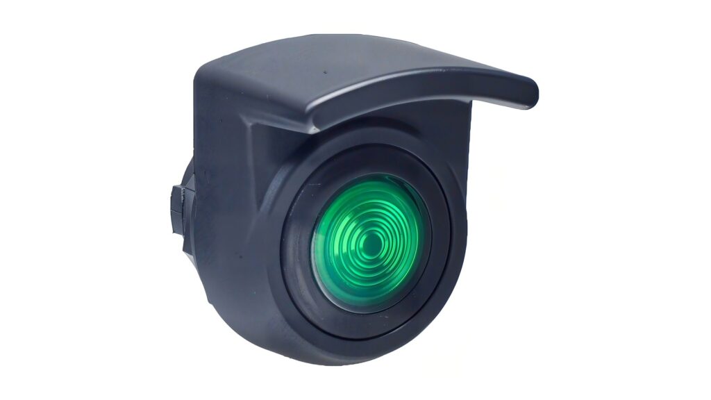 MMAIATEX CRA and Ex ec Guides: Emergency Stop Update Green hooded panel indicator photographed on a white background for the MMAIATEX guide update