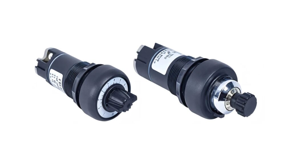Two black panel-mount rotary control devices photographed on a white background