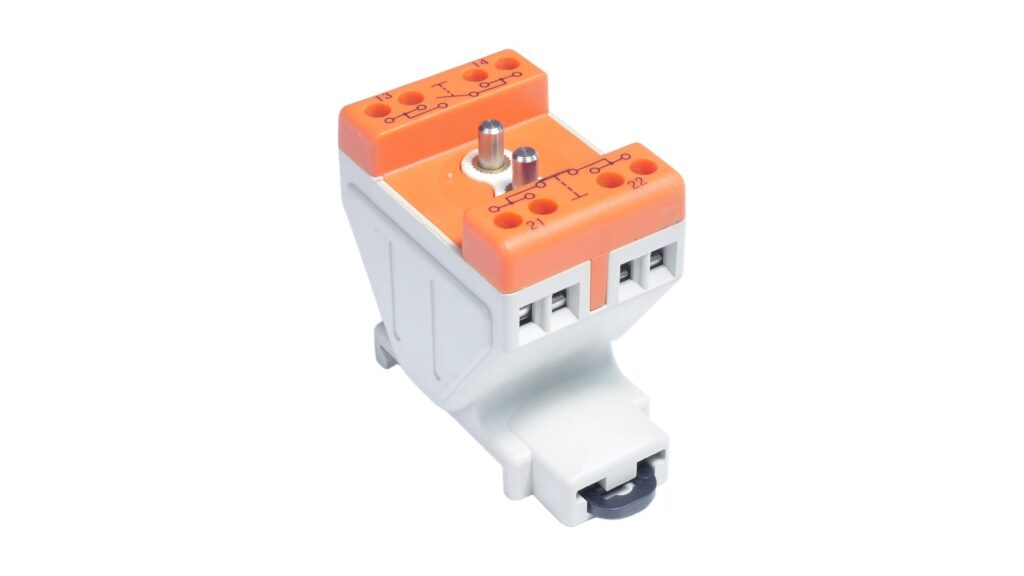 13-14 vs 21-22 Contact Numbering: Reading NO and NC Orange and white industrial contact block showing 13-14 and 21-22 terminal numbering on a white background