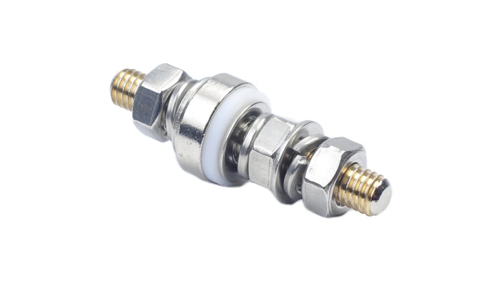 MMAIATEX QAR and Cable Entry Guides: September Update Small metal threaded panel accessory with insulating collars photographed on a white background