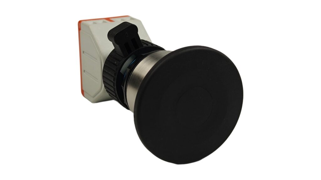 MMAIATEX Guides for UKCA, NO/NC and Potentiometers Black mushroom-head panel control operator with rear contact block on a white background