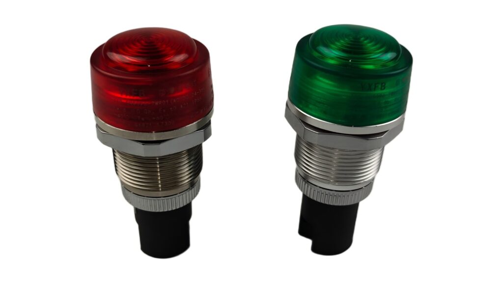 UKCA vs CE Marking for Ex Equipment in Great Britain Red and green threaded panel signal lamps photographed on a white background