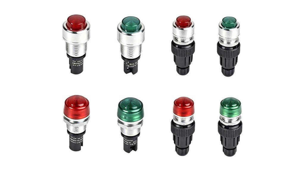 Zone 0 vs Zone 1 vs Zone 2 Gas Classification Eight red and green panel-mount signal lamp variants arranged on a white background